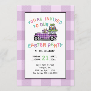 Invitación Camioneta Vintage de Cuadros Morados Fiesta de Pas