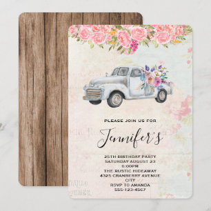Invitación Camioneta Vintage Rústica Cumpleaños Acuarela
