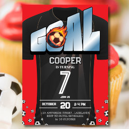Invitación Camiseta de fútbol negra y roja para fiesta de cum