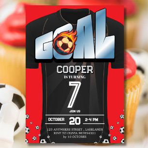 Invitación Camiseta de fútbol negra y roja para fiesta de cum