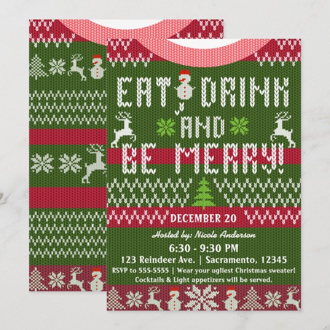Invitación Camiseta de Navidad de punto para comer, beber y d (Anverso / Reverso)