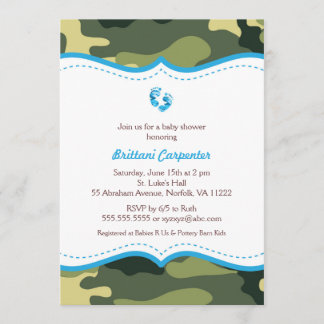 Invitación Camo azul y verde Baby Shower invita con pies