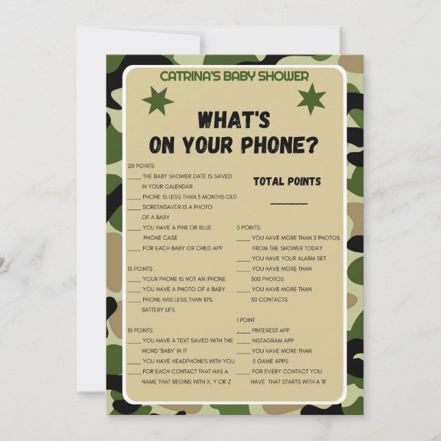 Invitación Camo Baby Shower - Nombre editable, 5x7 (Anverso)