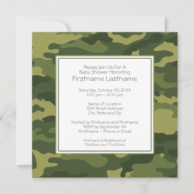 Invitación Camo Baby Shower o Fiesta (Anverso)