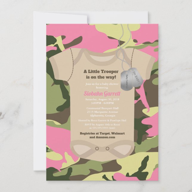 Invitación Camo Baby Shower, pequeño Chica militar del ejérci (Anverso)