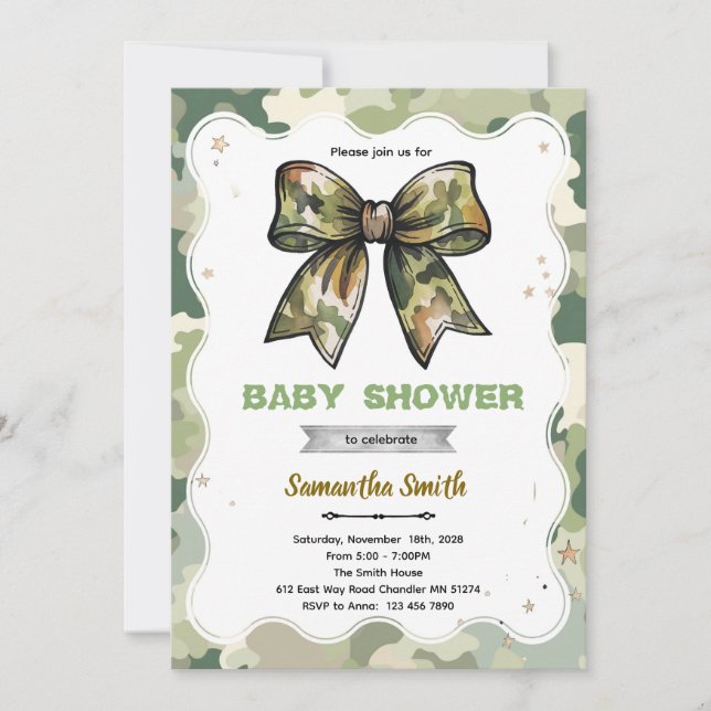 Invitación Camo Bow Baby Shower Invitation (Anverso)