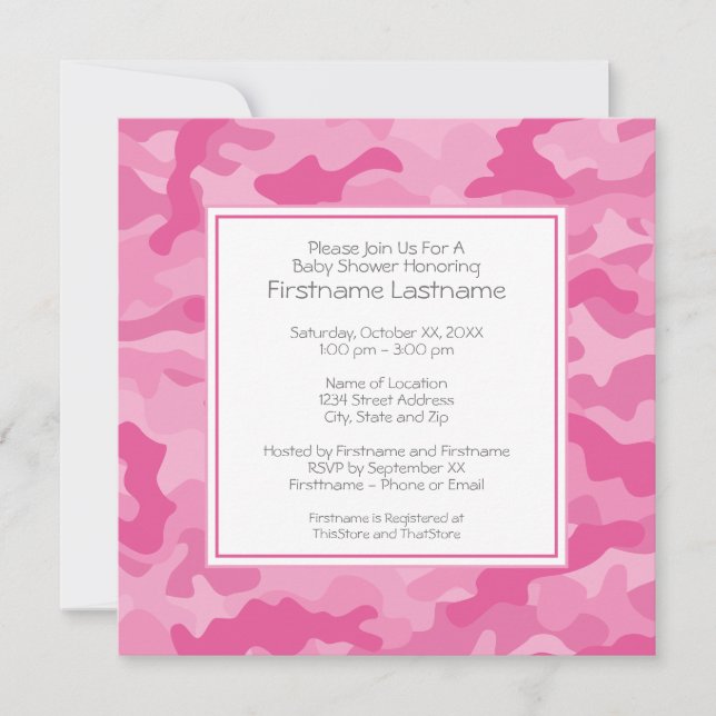 Invitación Camo rosa Baby Shower o Fiesta (Anverso)