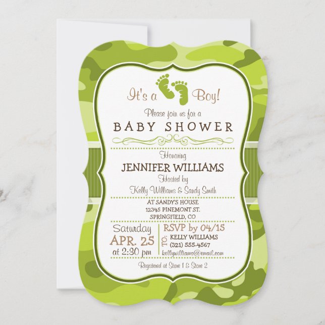 Invitación Camo verde, Baby Shower de camuflaje (Anverso)