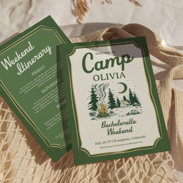 Invitación Camp Bachelorette Green Glamping Itinerary  (Camp Bachelorette Green Glamping Itinerary )