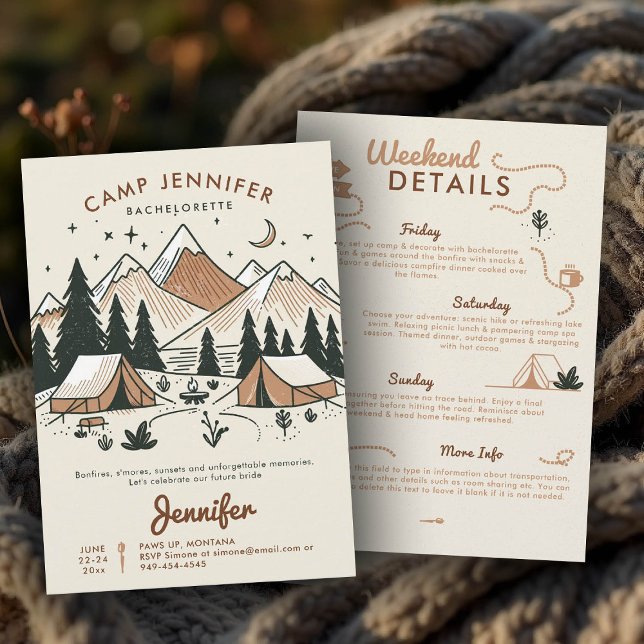 Invitación Campamento acampando con glamour de la fiesta de l (camp bachelorette invitation itinerary earthy terracotta hand drawn bach camping glamping)