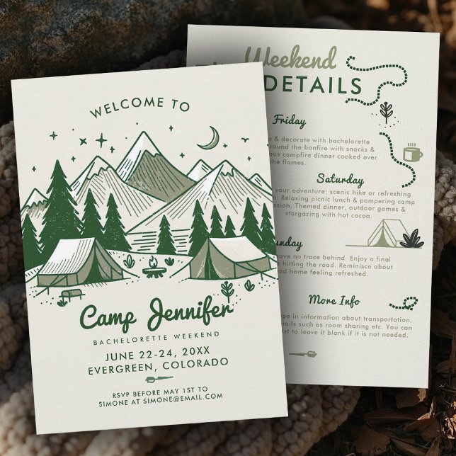 Invitación Campamento Bach Camping Green 3 Day Bachelorette P (camp bachelorette invitation itinerary green nature bach camping glamping 3-day weekend)