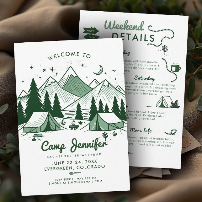 Invitación Campamento Bach Green Camping Bachelorette Party d (camp bachelorette invitation itinerary green nature camping glamping 3-day weekend bach)