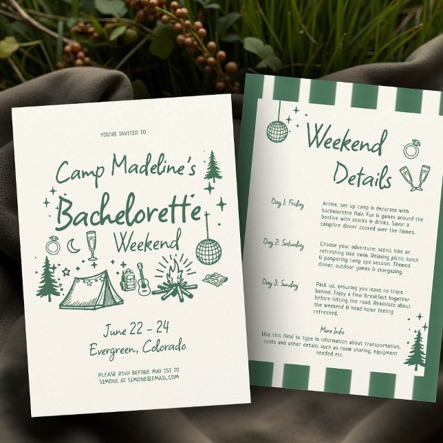 Invitación Campamento Bachelorette Green Stripes Camping Itin (camp bachelorette invitation itinerary camping hiking mountains bach glamping green hand drawn)