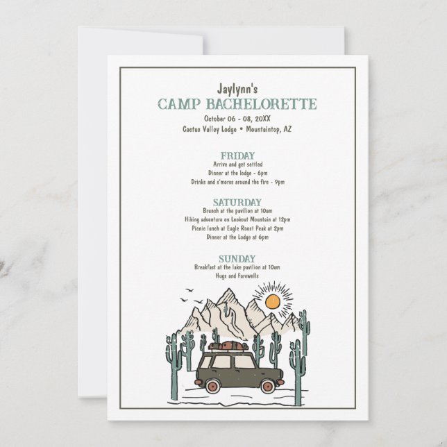 Invitación Campamento Bachelorette Party Itinerario Fin de Se (Anverso)