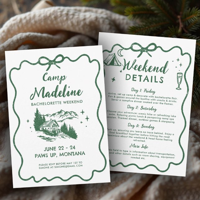 Invitación Campamento Bachelorette Rustic Green Bow Itinerari (camp bachelorette invitation itinerary camping glamping hiking mountains nature bach)