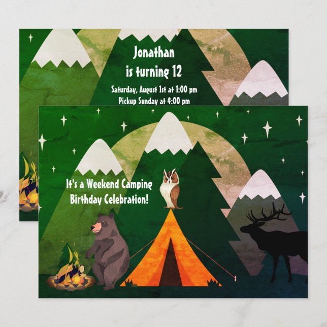 Invitación Campamento de animales y montañas del bosque de ca (Anverso / Reverso)