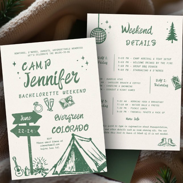 Invitación Campamento de camping con escritura manual, fiesta (camp bachelorette invitation handwriting hand written itinerary camping glamping hiking nature bach)