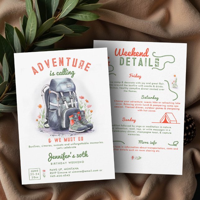 Invitación Campamento de glamping campamento 3 días fin de se (camping 30th birthday invitation glamping colorful backpack watercolor hiking weekend itinerary)