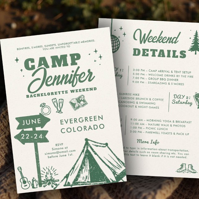 Invitación Campamento de Montañas Campamento Fiesta de Bachel (camp bachelorette invitation itinerary camping glamping hiking nature bach modern hand drawn)