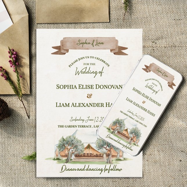 Invitación Campamento de Tienda de Acuarela al Aire Libre Boh (Boho Outdoor Tent Wedding Invitation | Rustic Elegant Watercolor Camp Wedding Invite)