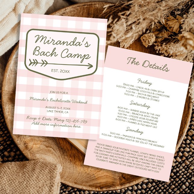 Invitación Campamento de Verano Gingham Bachelorette rosa y v (Summer Camp Gingham Pink & Green Bachelorette Invitation)