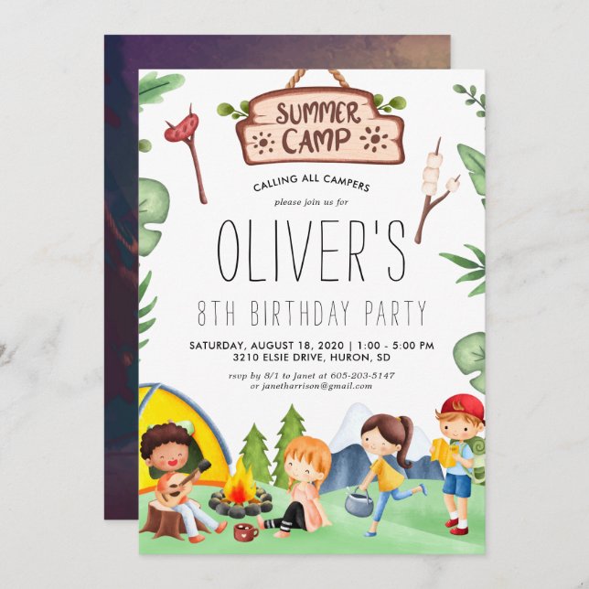 Invitación Campamento de verano para niños con temas de acamp (Anverso / Reverso)