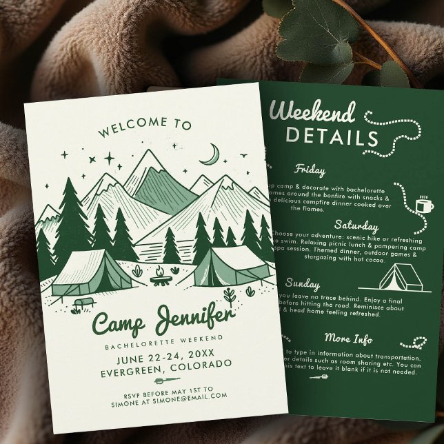 Invitación Campamento Itinerario Camping Green (camp bachelorette invitation itinerary green camping glamping 3-day weekend bach nature)