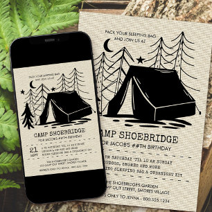 Invitación Campamento Rústico Silueta Cumpleaños Camping