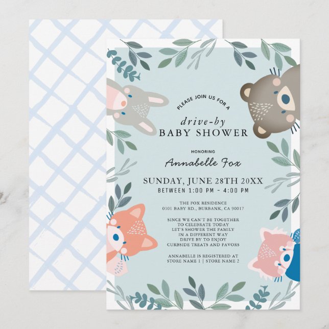Invitación Campaña de Baby Shower de Woodland Animals Blue Bo (Anverso / Reverso)