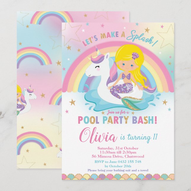 Invitación Campaña de cumpleaños de unicornio de mermaid Fies (Anverso / Reverso)