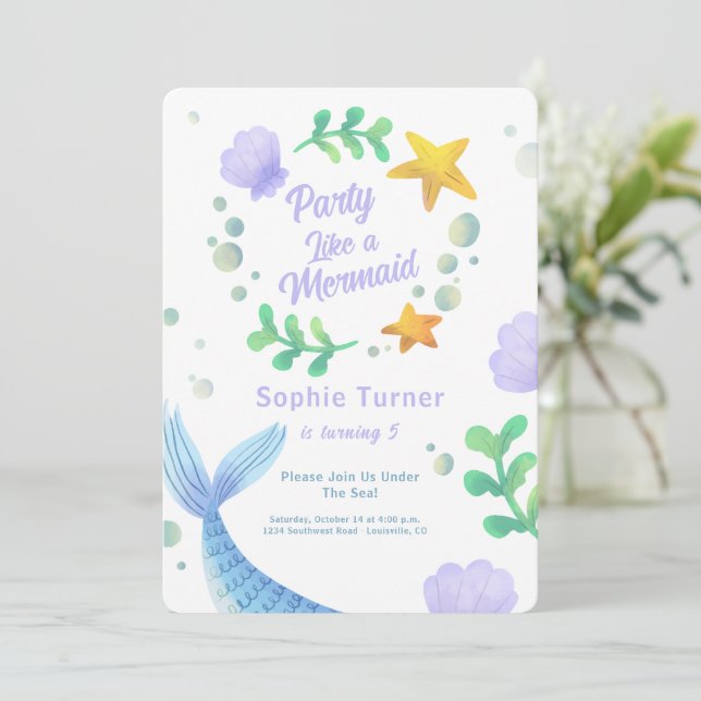 Invitación Campaña De Sirenas Púrpura Bajo El Cumpleaños Del  (Anverso de pie)