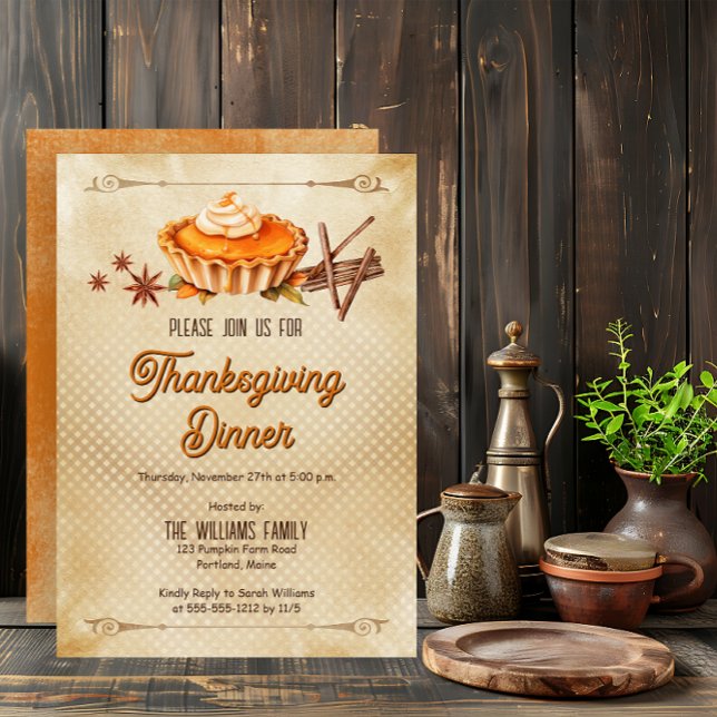 Invitación Campana Rustica de Calabaza Pie Día de Acción de G (Country Rustic Pumpkin Pie Thanksgiving Dinner Invitation - Print | Digital Download)