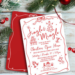 Invitación Campana y Mezcla Navidad Dibujos a Mano en Rojo