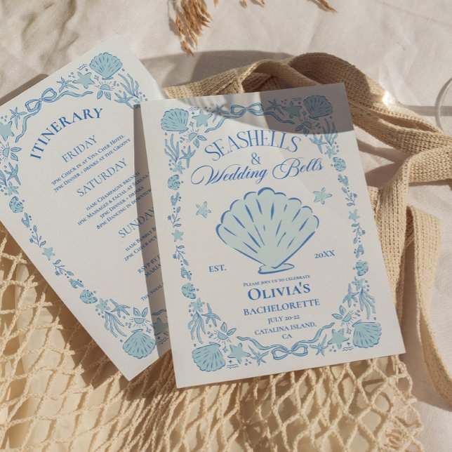 Invitación Campanas de Boda de Caracoles Soltera Azul (Seashells Wedding Bells Bachelorette Blue Invitation)