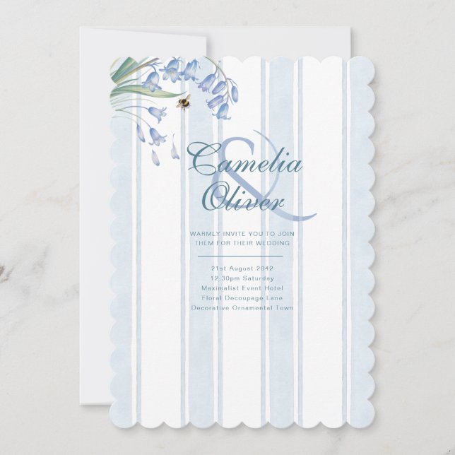 Invitación Campanas de Boda de Flores Rayas Azules Patrimonio (Anverso)