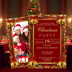 Invitación Campanas de Navidad de Oro Rojo Foto Fiesta Navide