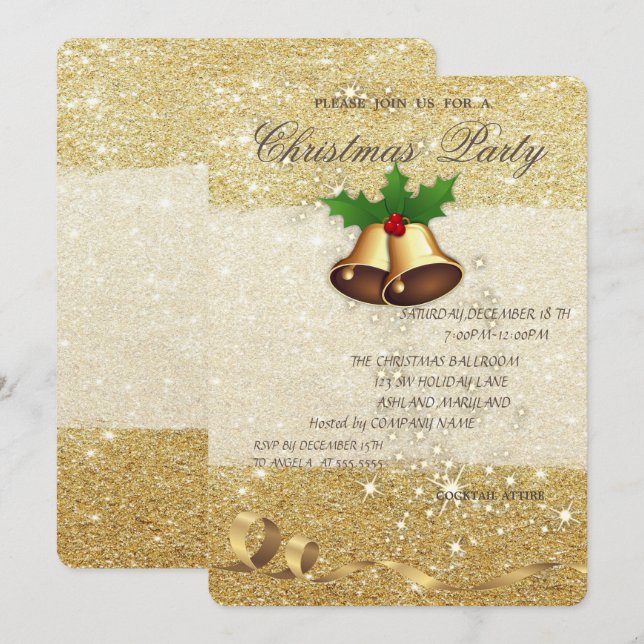 Invitación Campanas de Navidad Elegantes, Brillantes, Fiesta  (Anverso / Reverso)