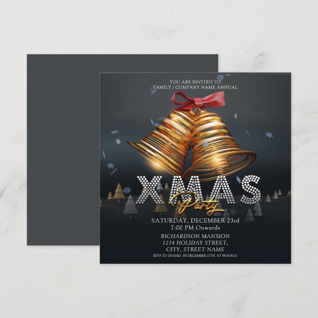 Invitación Campanas de Navidad modernas personalizadas negras (Anverso / Reverso)