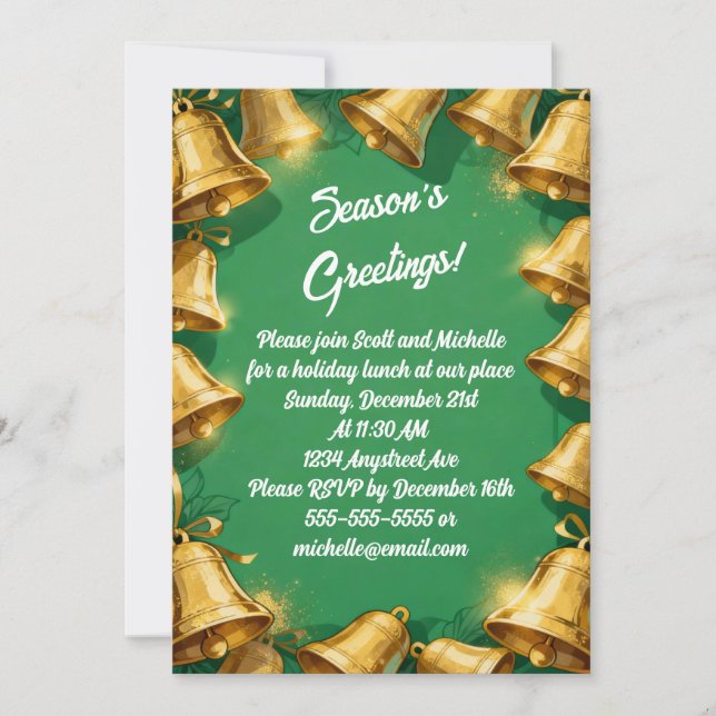 Invitación Campanas de oro en Fiesta de Navidades verdes (Anverso)
