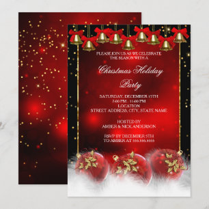 Invitación Campanas de oro rojas adornos fiesta navideña
