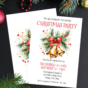 Invitación Campanas doradas con lazo rojo y Navidad de pino 
