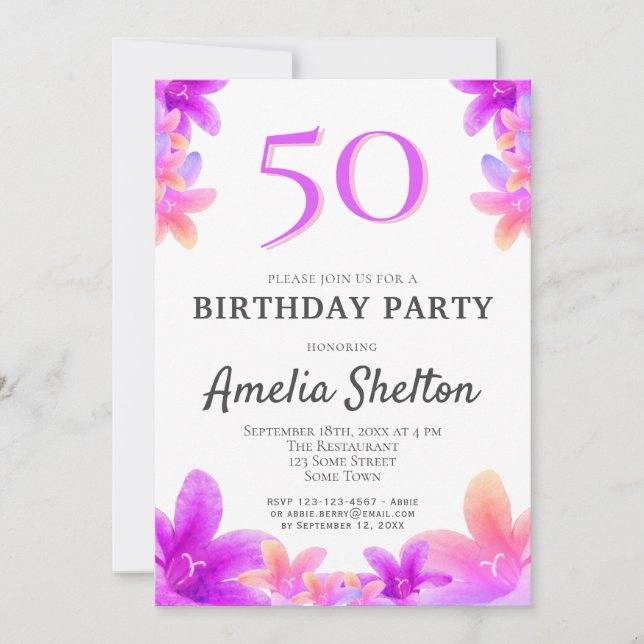 Invitación Campanillas Cumpleaños 50 Floral Rosa Fiesta (Anverso)