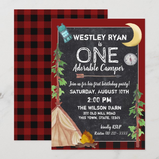 Invitación Camper Buffalo Plaid 1er Cumpleaños Camping (Anverso / Reverso)