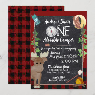 Invitación Camper Buffalo Plaid 1er Cumpleaños Camping