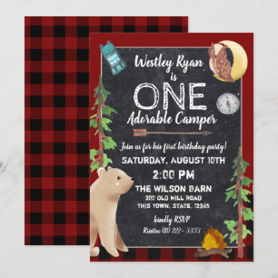 Invitación Camper Buffalo Plaid 1er Cumpleaños Camping