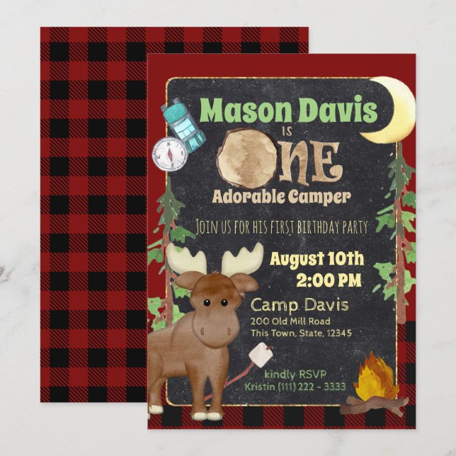 Invitación Camper Buffalo Plaid 1er Cumpleaños Camping (Anverso / Reverso)