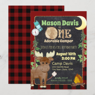 Invitación Camper Buffalo Plaid 1er Cumpleaños Camping