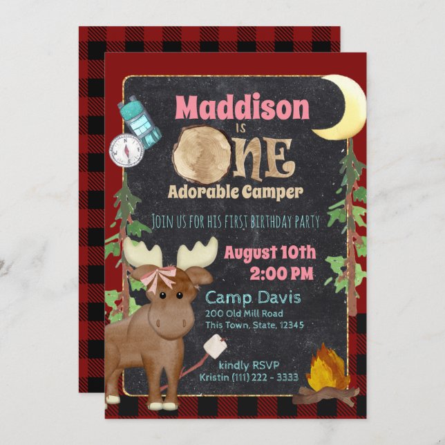 Invitación Camper Buffalo Plaid 1er Cumpleaños Camping (Anverso / Reverso)