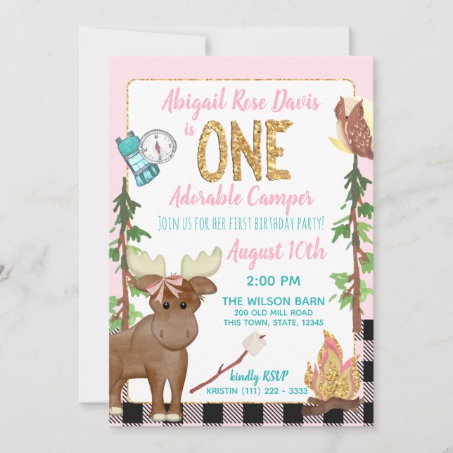 Invitación Camper Pink Buffalo Plaid 1er Cumpleaños Camping (Anverso)