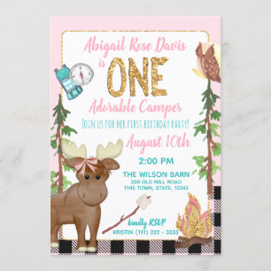 Invitación Camper Pink Buffalo Plaid 1er Cumpleaños Camping
